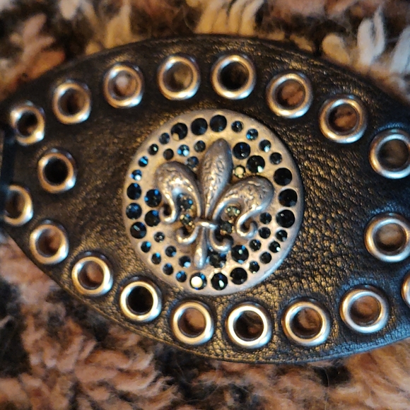 Royal Plush black leather belt with silver hardware and blue crystals throughout - Picture 4 of 5